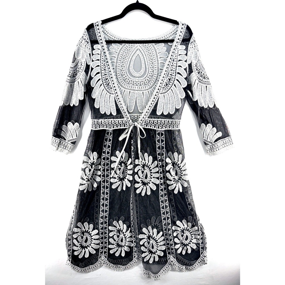 Black White Sheer Mesh Embroidered Kimono Duster Boho Whimsigoth Festival Fairy‎